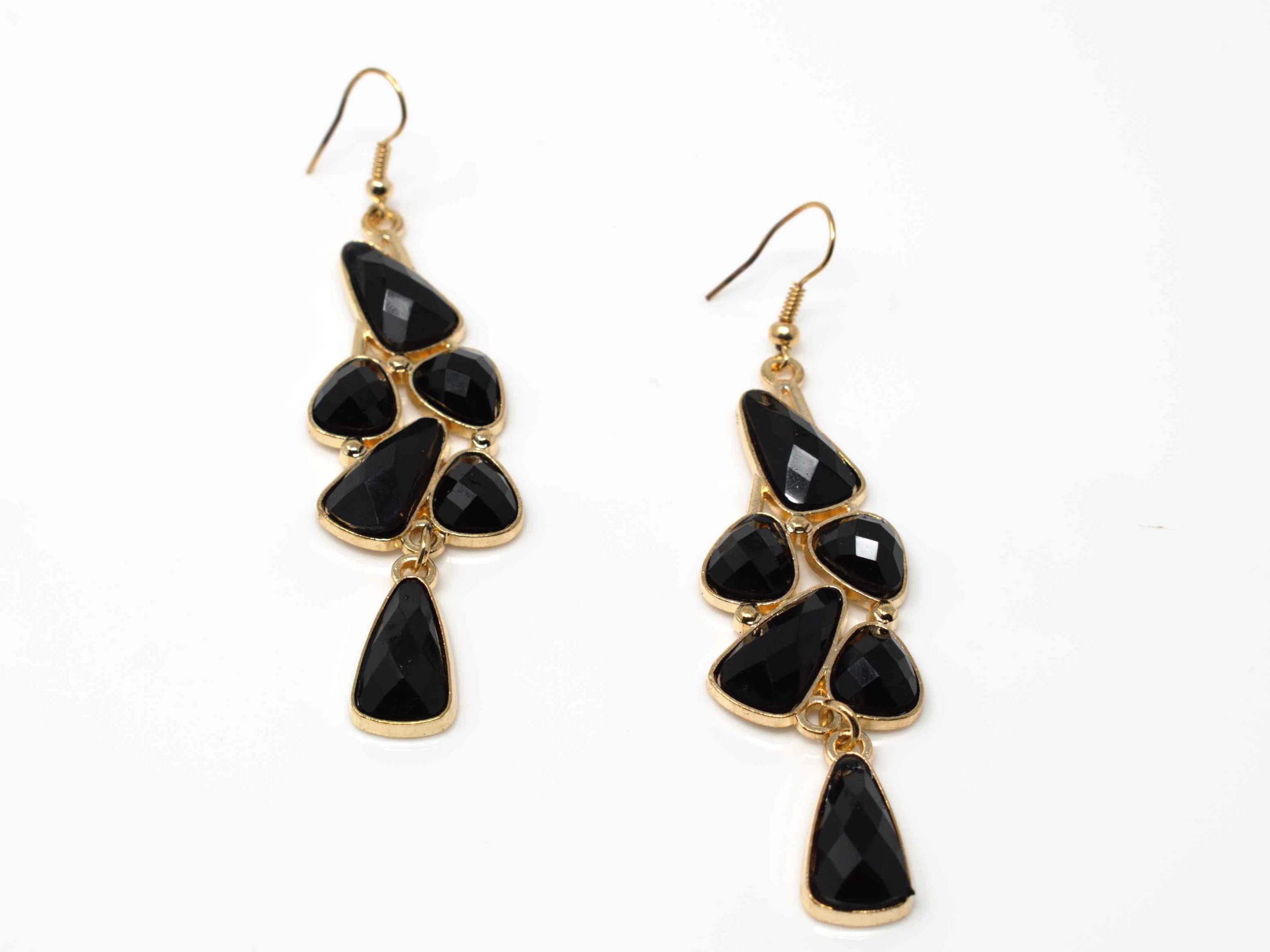 An elegant outstanding gold with black accent stones fashion dangle drop earring. Comes with a fish hook clasp.