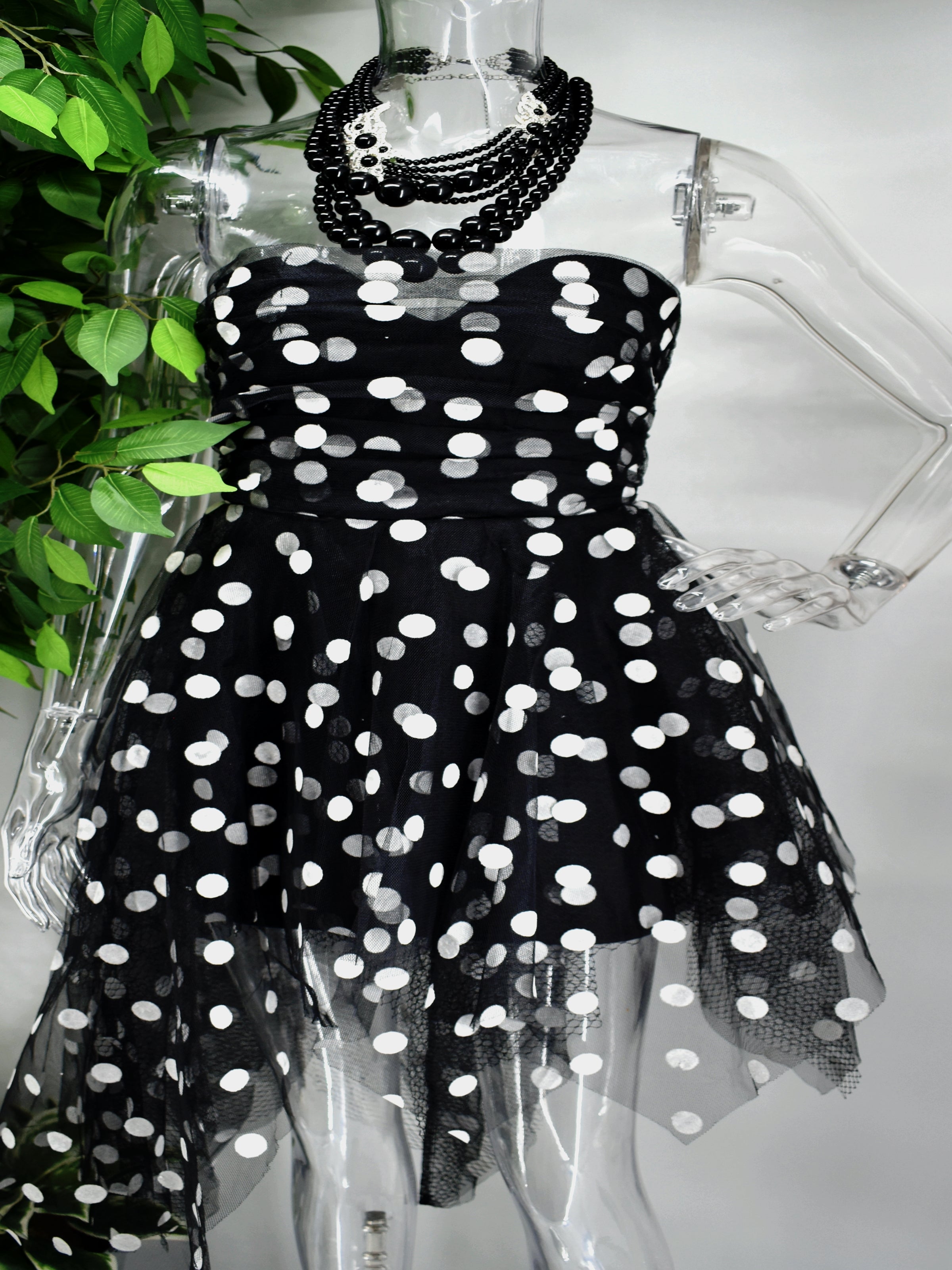 Be Bold and beautiful in our Blessings Polka dot dress.  Enjoy our blessings and its sweetheart neckline, fitted bodice and flirty flair skirt with an uneven hem. 