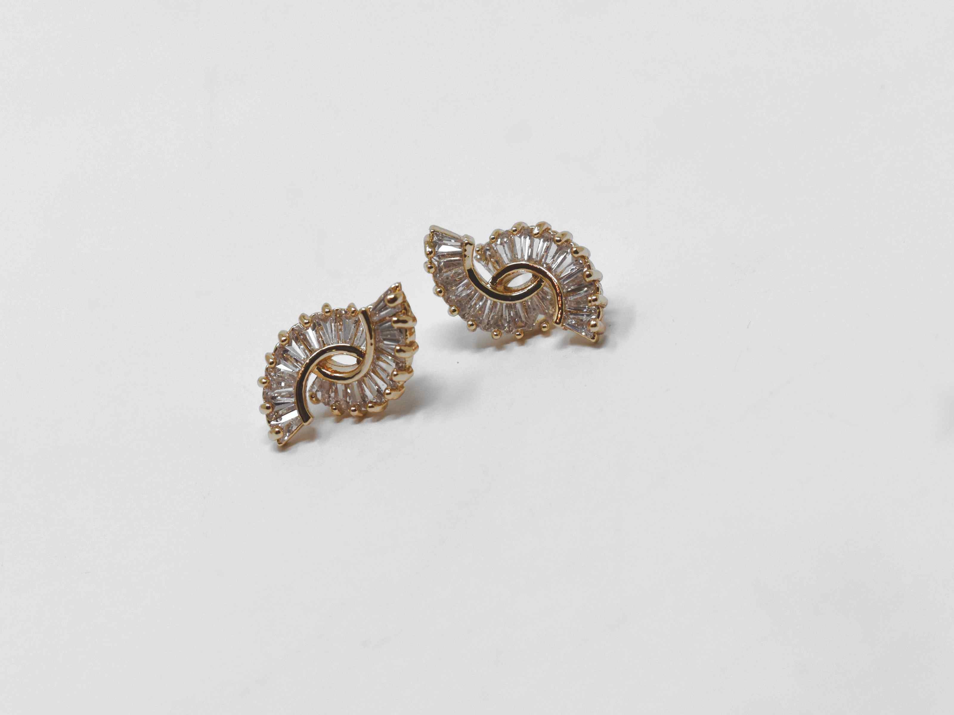Beautifully crafted and cut to fit you can put your money on our Buddleja earrings. These gold circle cut earrings are  adorned with a cascade of clear stones. They are about a 1/2 inch in length with a push back clasp.