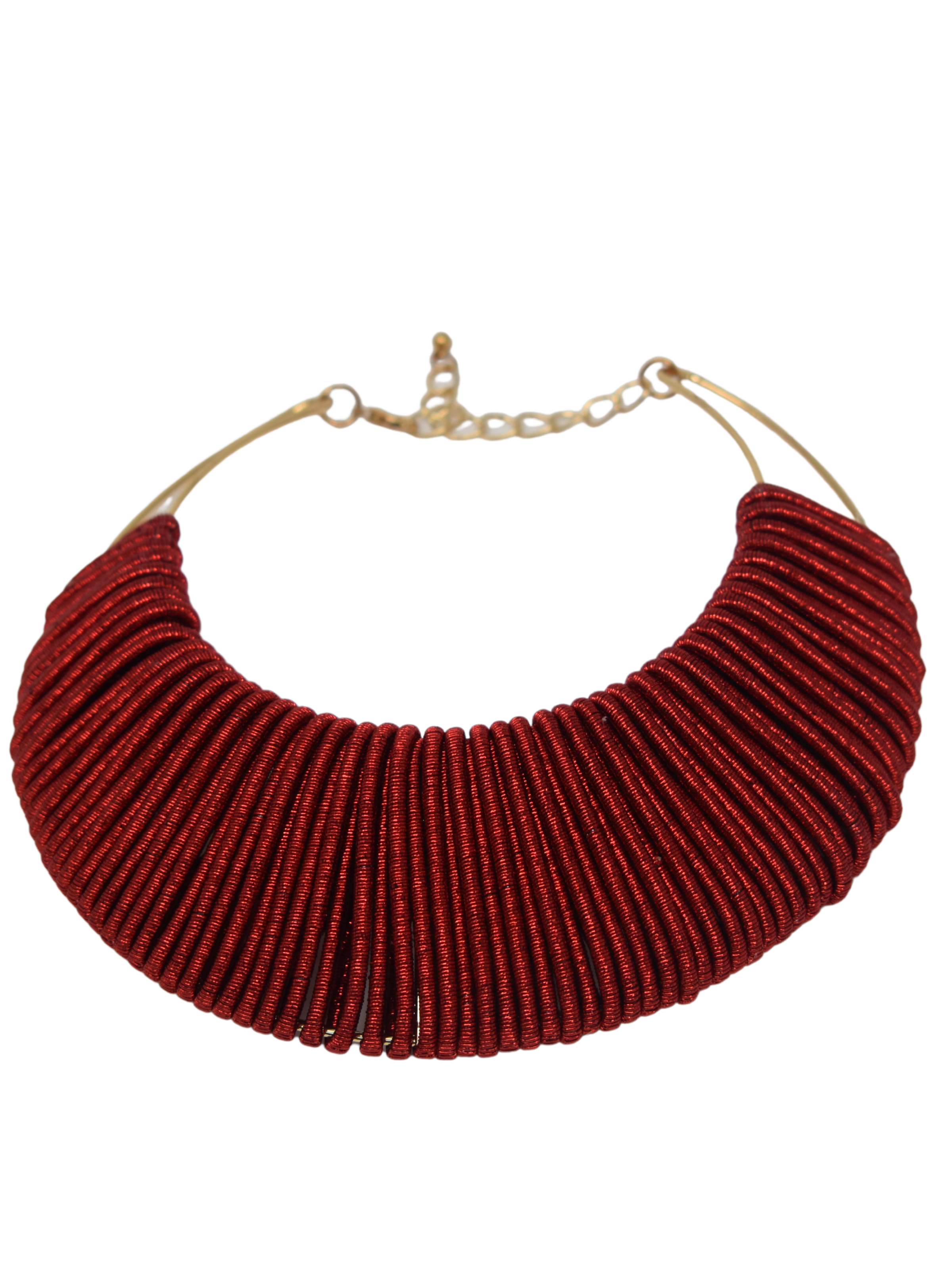 Distinctively cute our Hazel choker bib style Necklace will win them over every time. This Bib style necklace has gold tone and is wrapped in red glitzy rope to form a beautiful design.