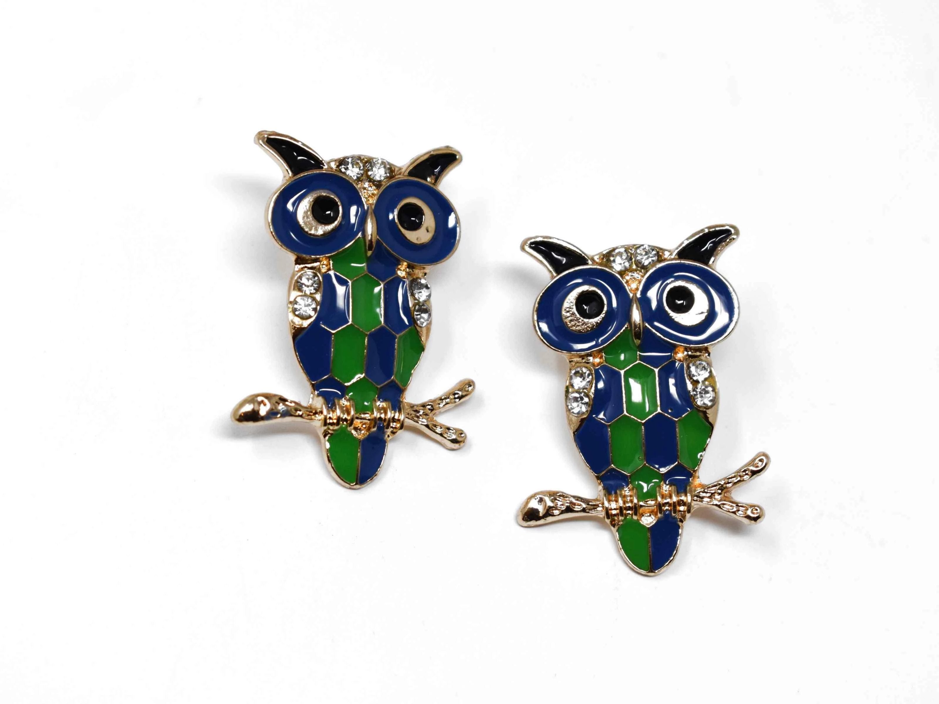 Jazzy's whimsical green and blue owl shaped earrings has a push back clasp with stone features and measures 1 1/2" in length.  Gold Tone 1 1/2 in length