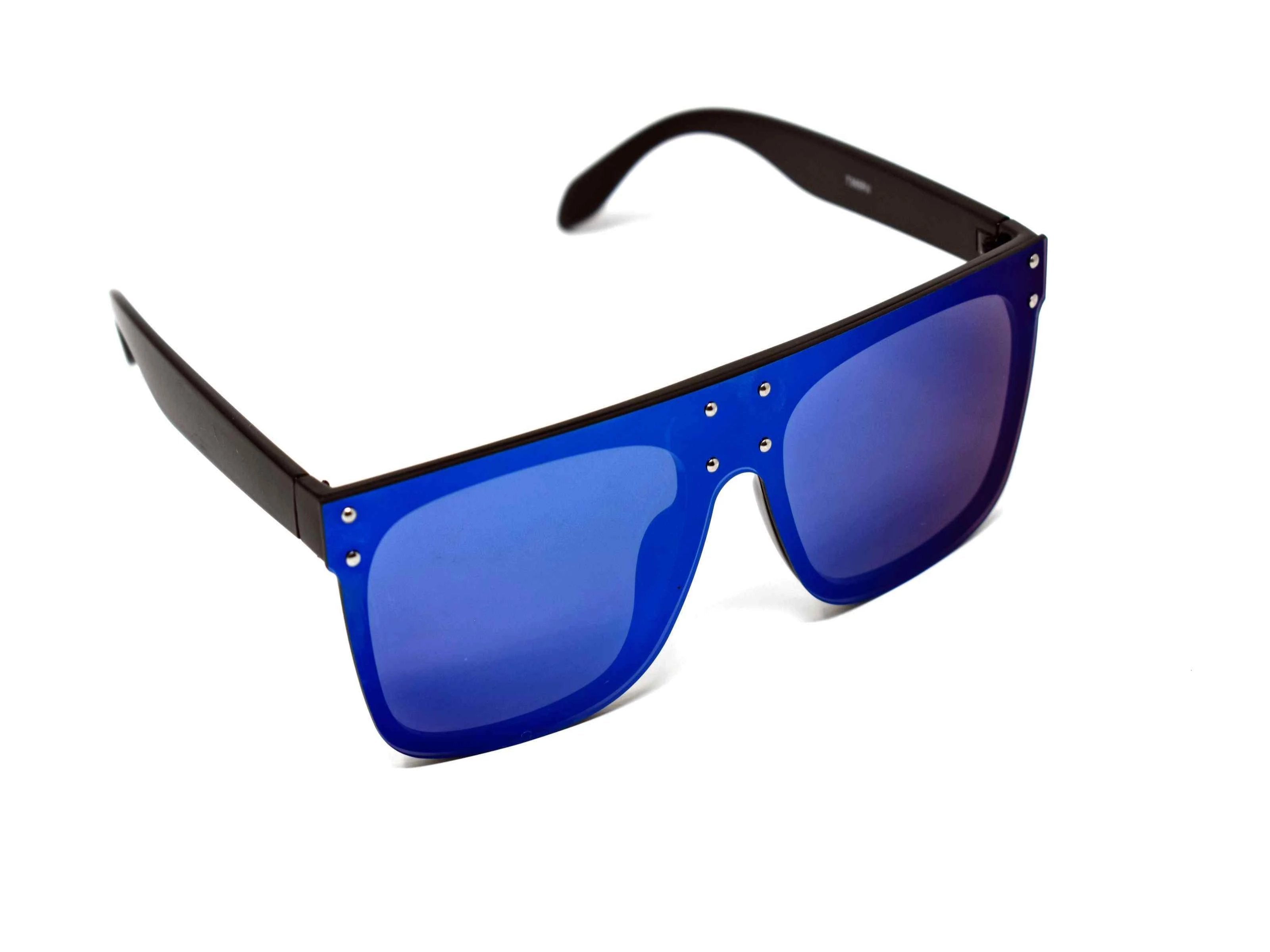Fashion forward and edgy is what you call our shield shaped Rosa Black framed blue mirrored lens Sunglasses.